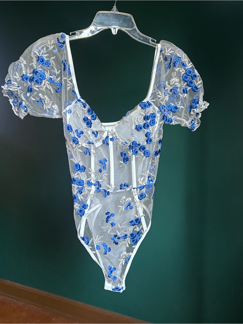 SHEIN White Sheer Bodysuit with Blue Floral Embroidery
